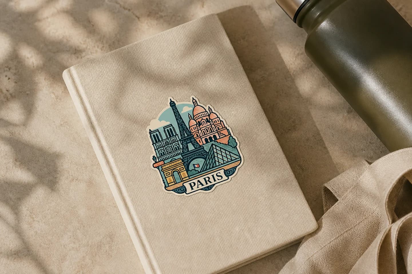 A Paris sticker on a linen travel journal beside an olive water bottle and canvas bag