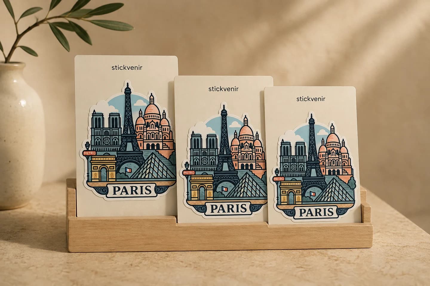 Retail display concept: Paris Stickvenir stickers on ivory cards in a wooden countertop stand